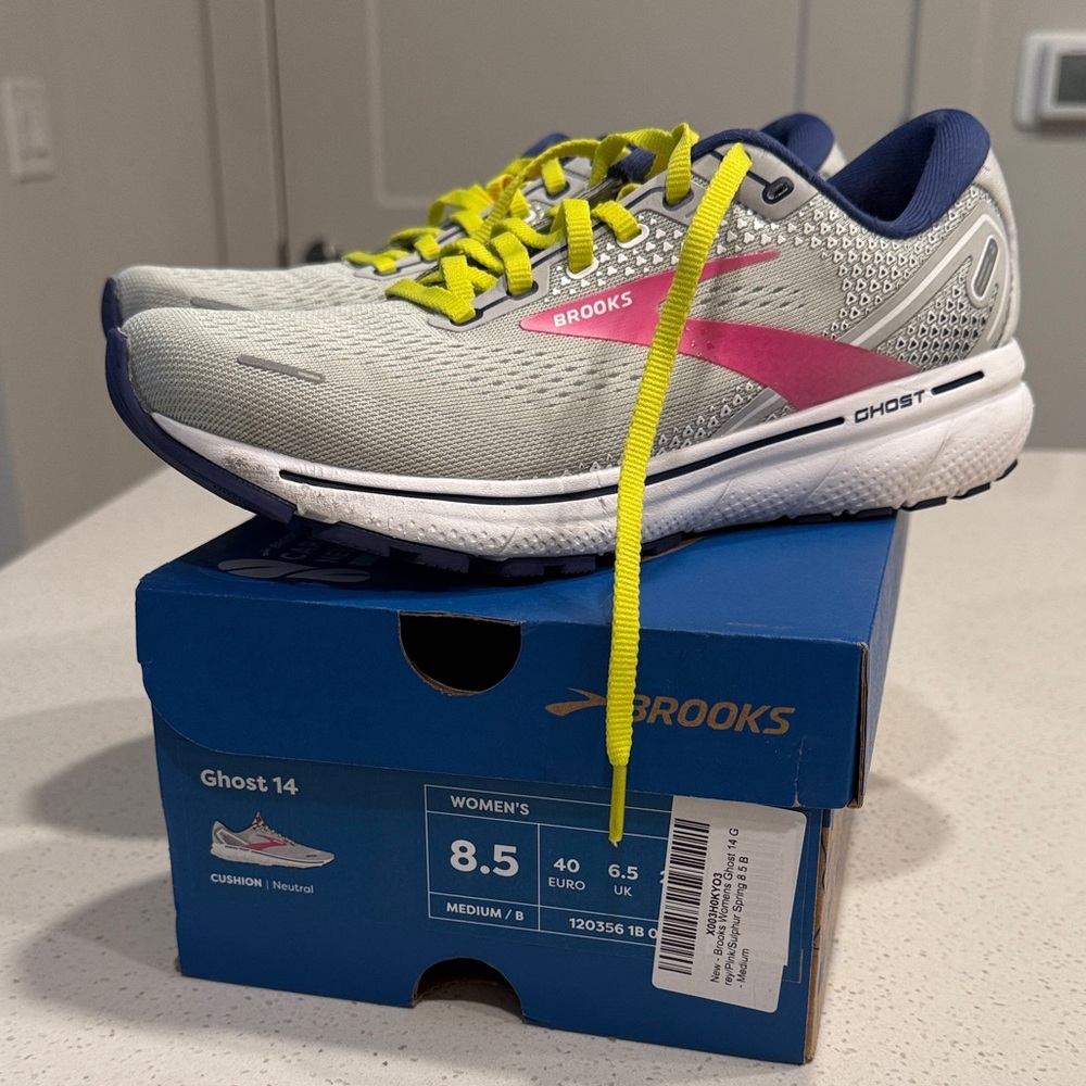 Brooks Women's Ghost 14 Running Shoes - Gray and Pink with Yellow Laces